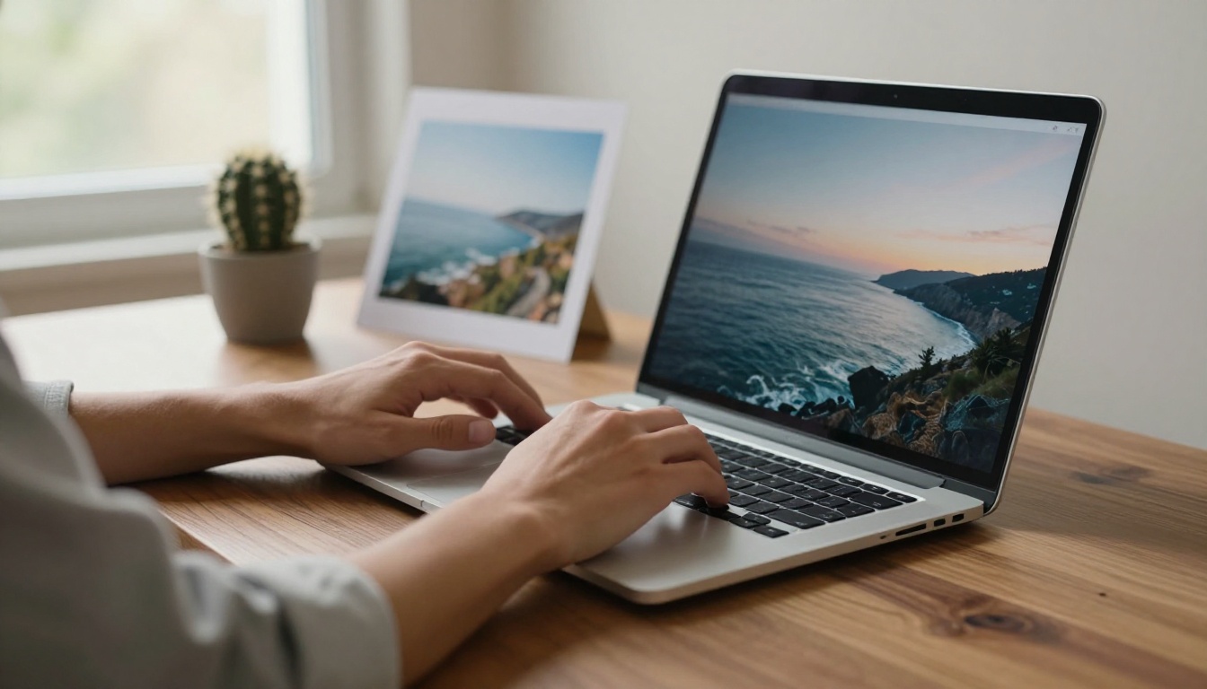 Low-angle view across a walnut desk with a developer's hands on a laptop and a printed coastline photograph beside it