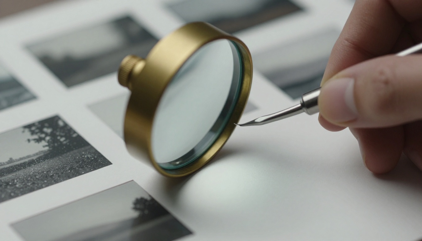 Extreme close-up of a brass loupe magnifying one frame on a printed contact sheet