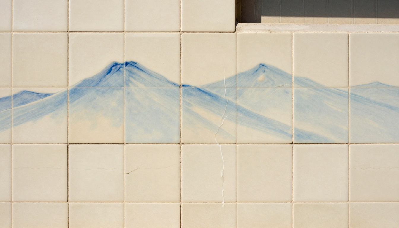 Straight-on view of a wall of handmade ceramic tiles in off-white, sand and pale blue