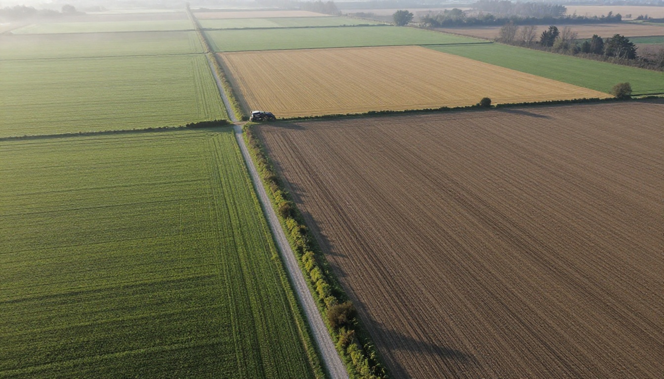 Aerial view of rectangular farm fields forming a patchwork of green, gold and brown