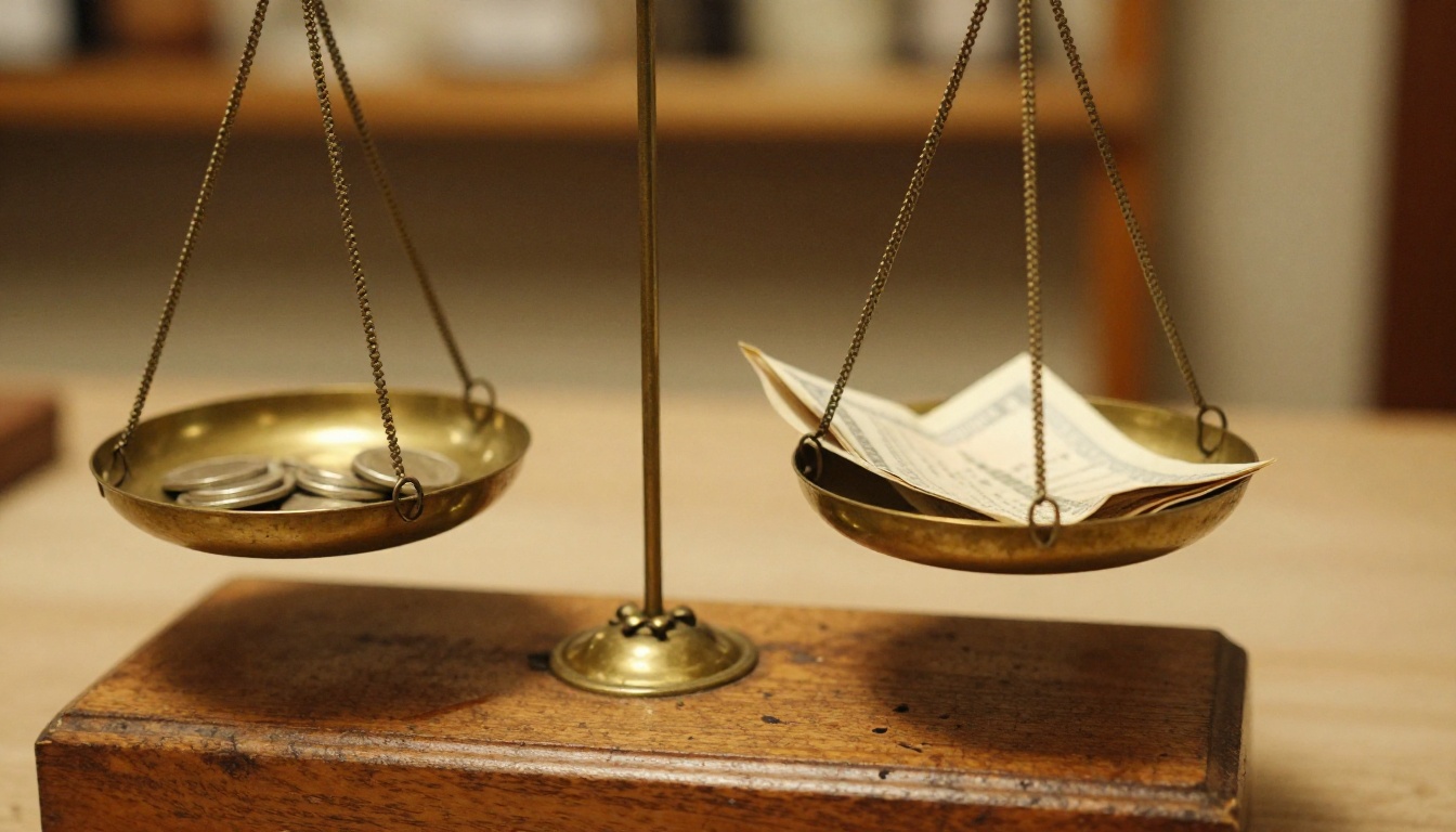 Close-up of an antique brass balance scale with silver coins on one pan and a folded receipt on the other