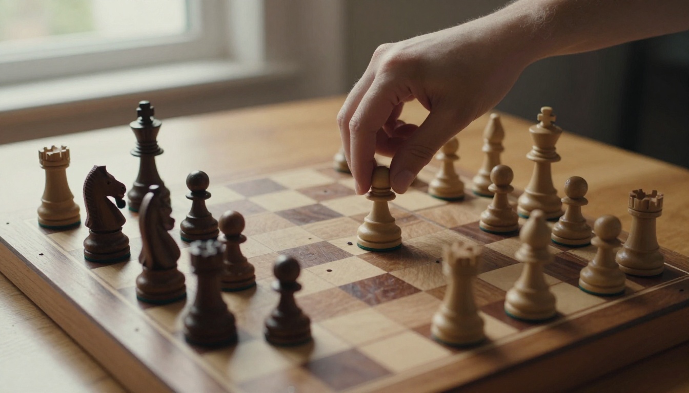 Top-down view of a mid-game wooden chessboard with a hand hovering above a knight