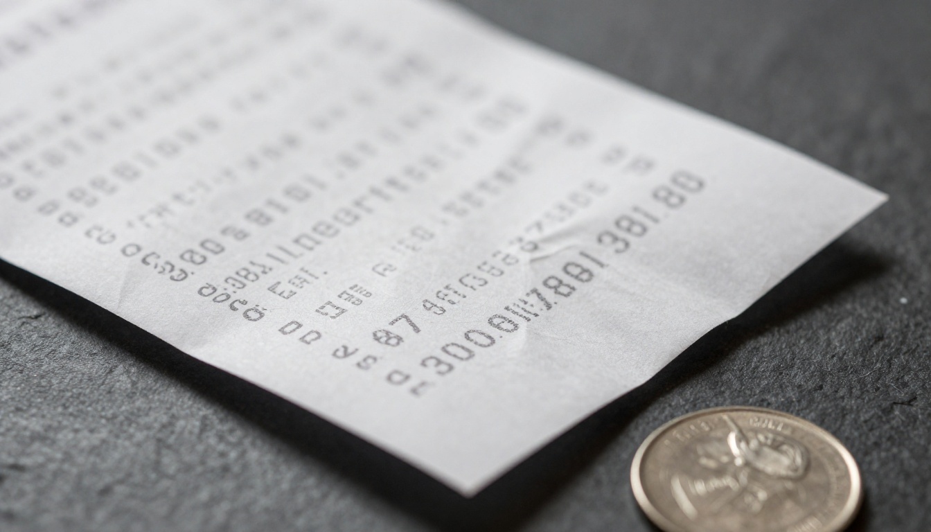 Extreme macro of a crumpled thermal receipt with faded print on a dark slate counter