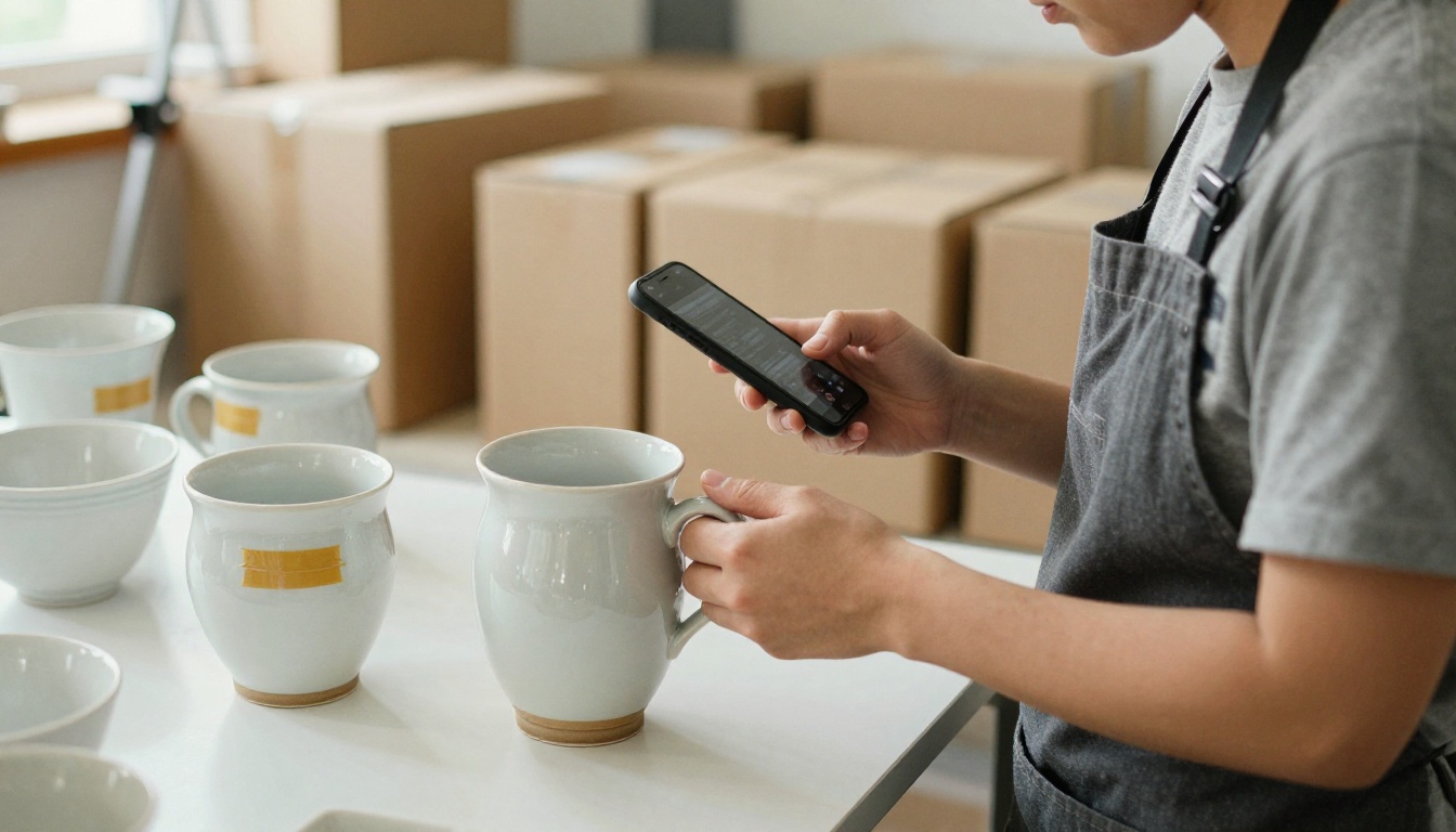 A packing station worker photographing a glazed ceramic mug on a white tabletop with a smartphone