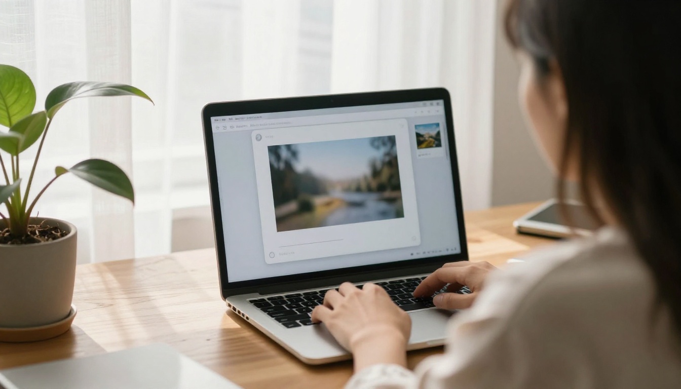 A woman in a bright home office seen from behind as she drags a landscape photograph into a chat window on a laptop