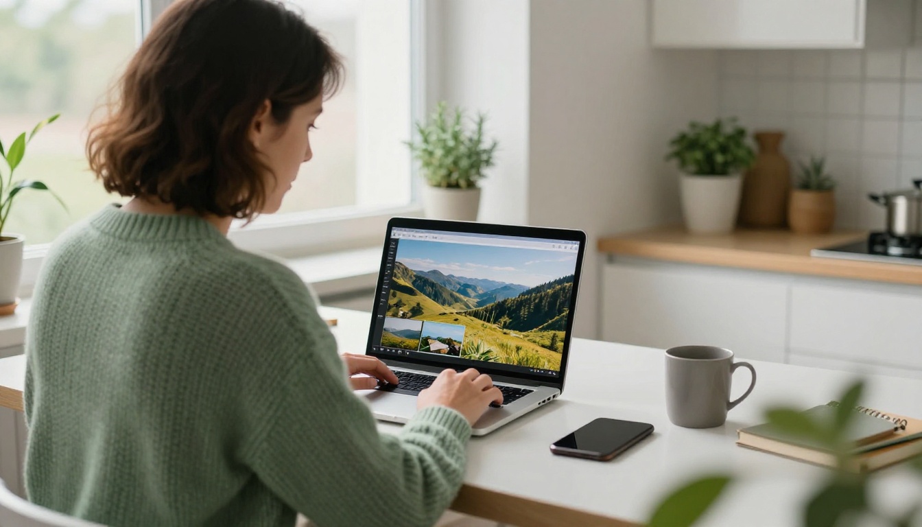 A designer scrolling a gallery of generated landscape photographs on a laptop at a bright kitchen table