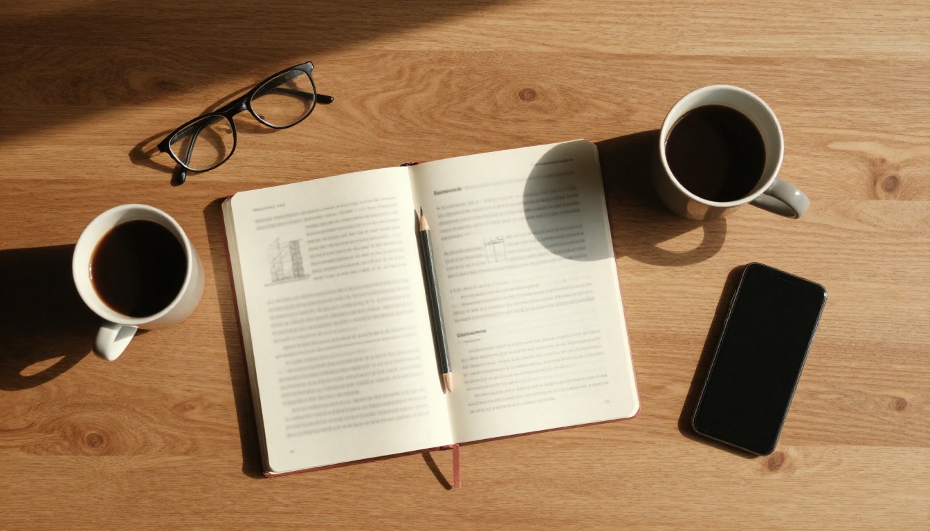 Top-down view of an oak desk with a notebook, printed technical pages, reading glasses and a cup of coffee
