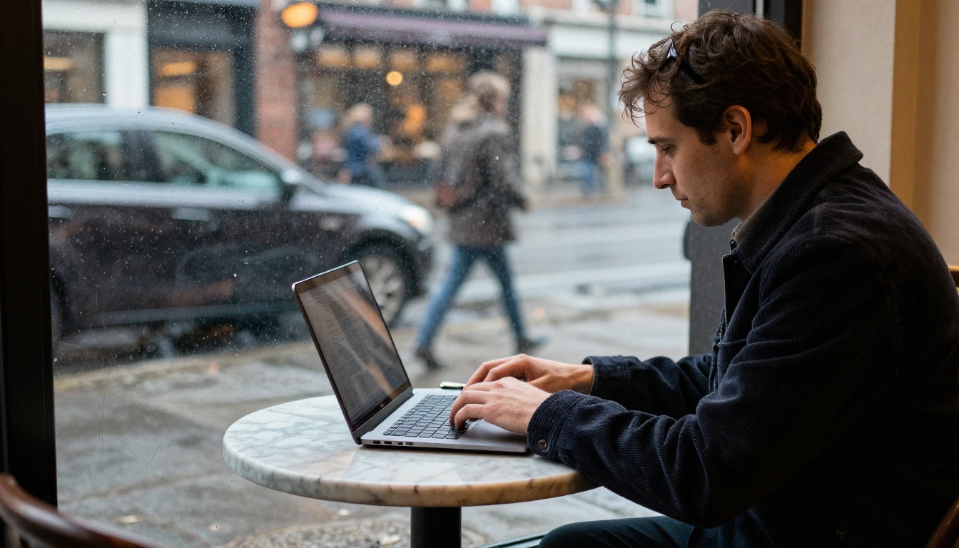A man in a corduroy jacket working on a laptop at a café table, seen through a rain-speckled window