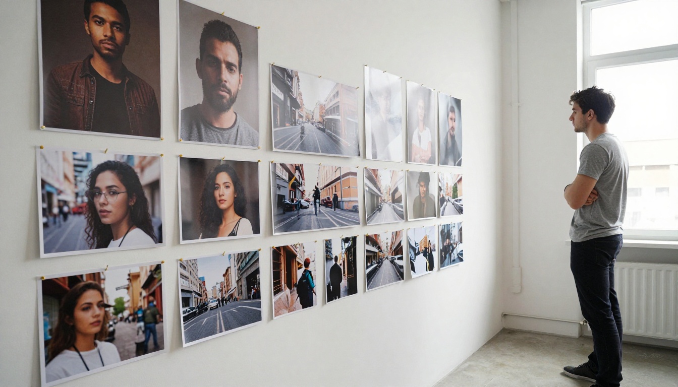 A young man stepping back from a studio wall filled with ten pinned reference photographs