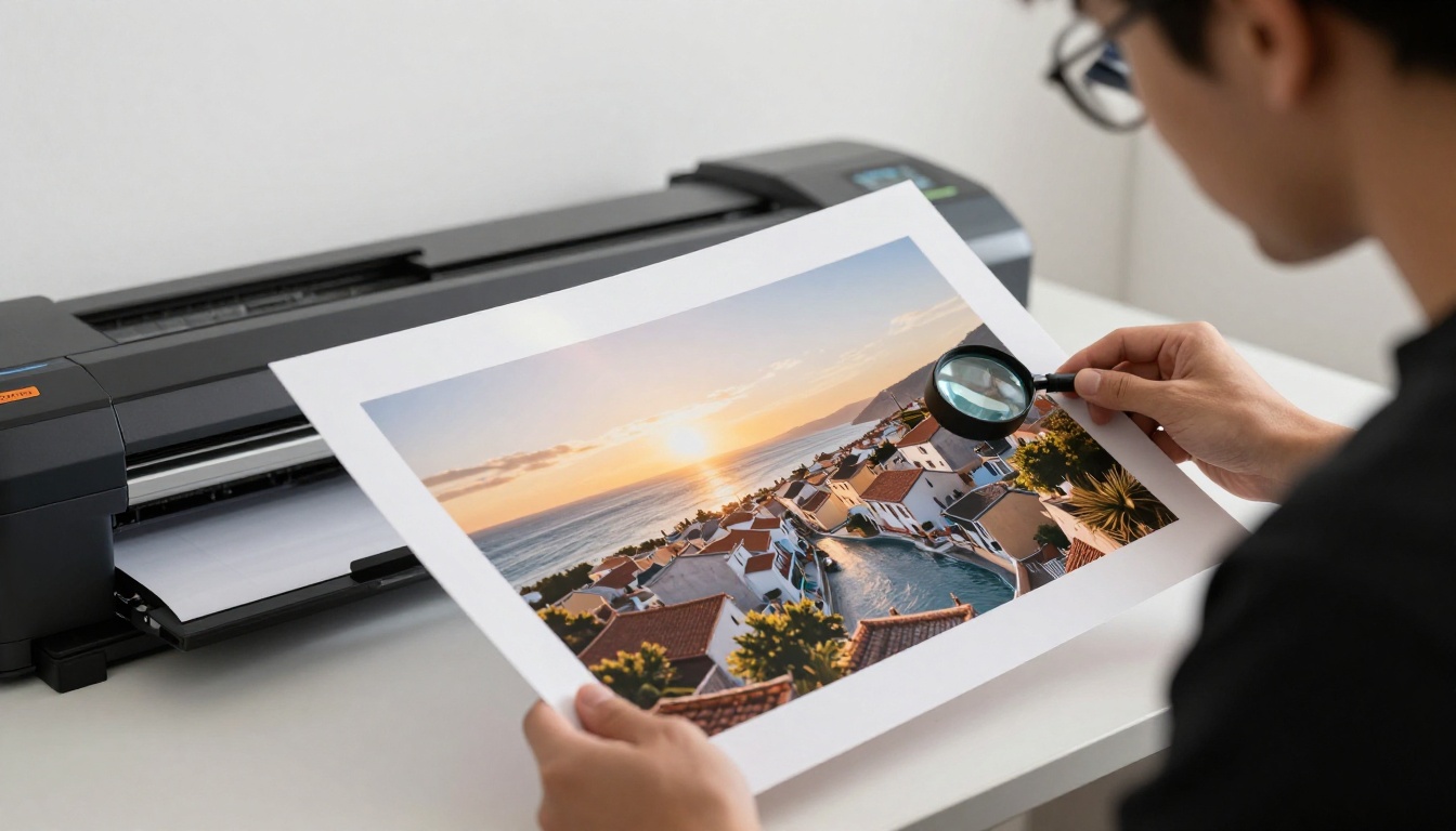 A graphic designer inspecting a large glossy print of a seaside village against a white studio wall
