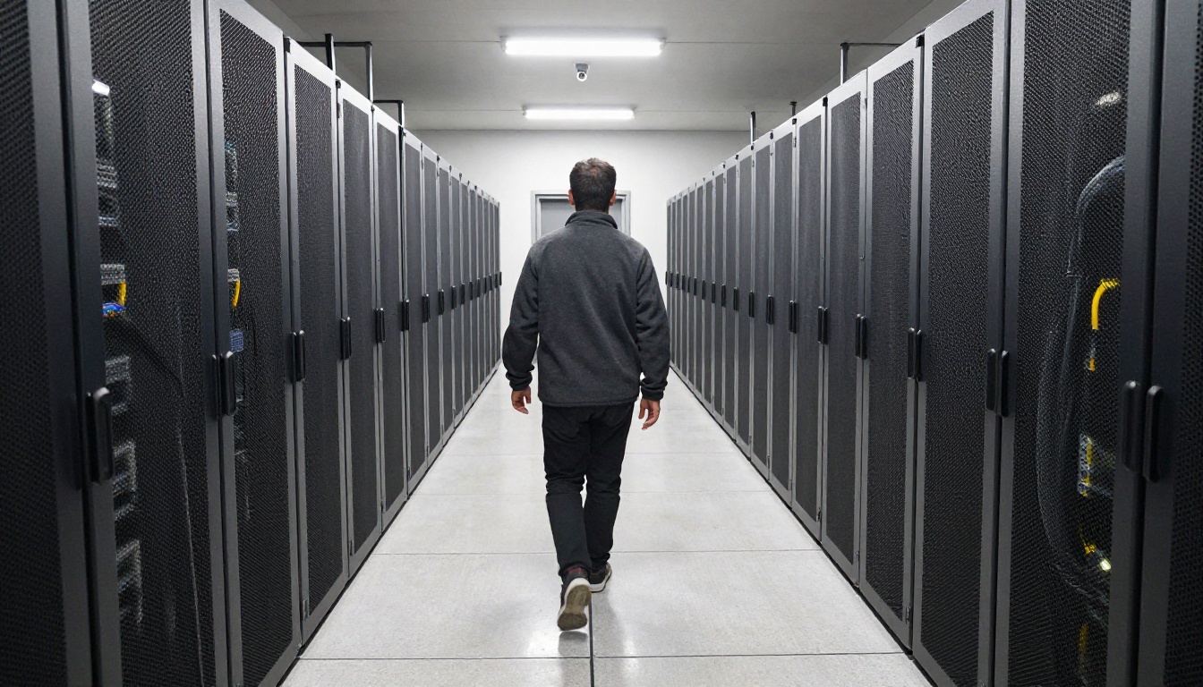 A symmetrical aisle of server racks with a technician walking away along a concrete floor