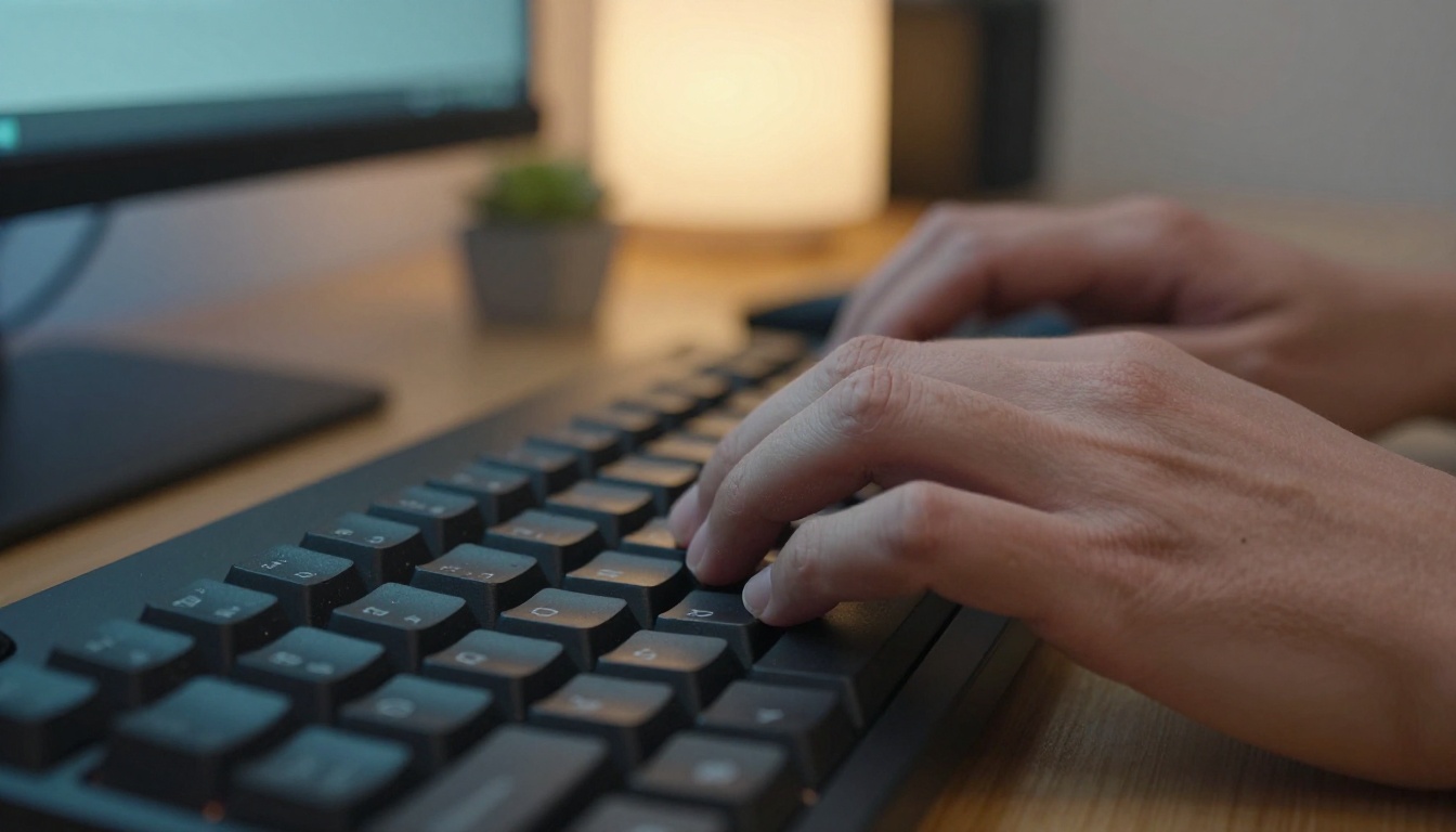 Close-up of a developer's hands typing at a wooden desk in warm lamp light
