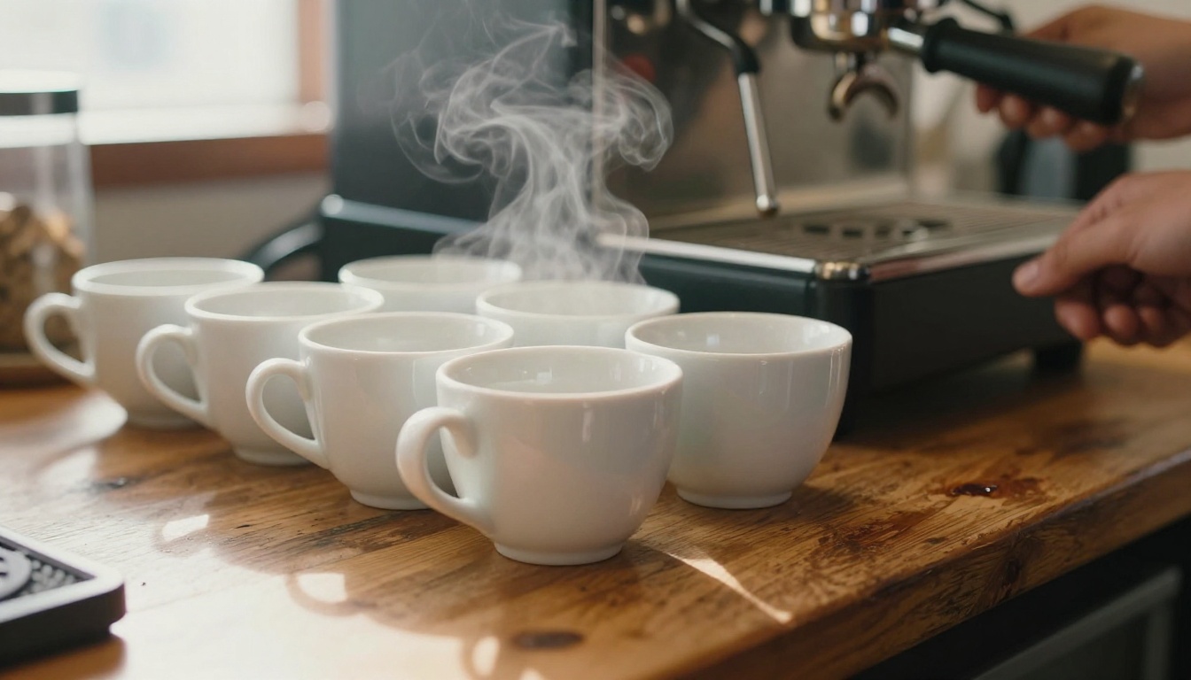 A barista pulling a shot into the fifth of five white cups lined up on a wooden counter