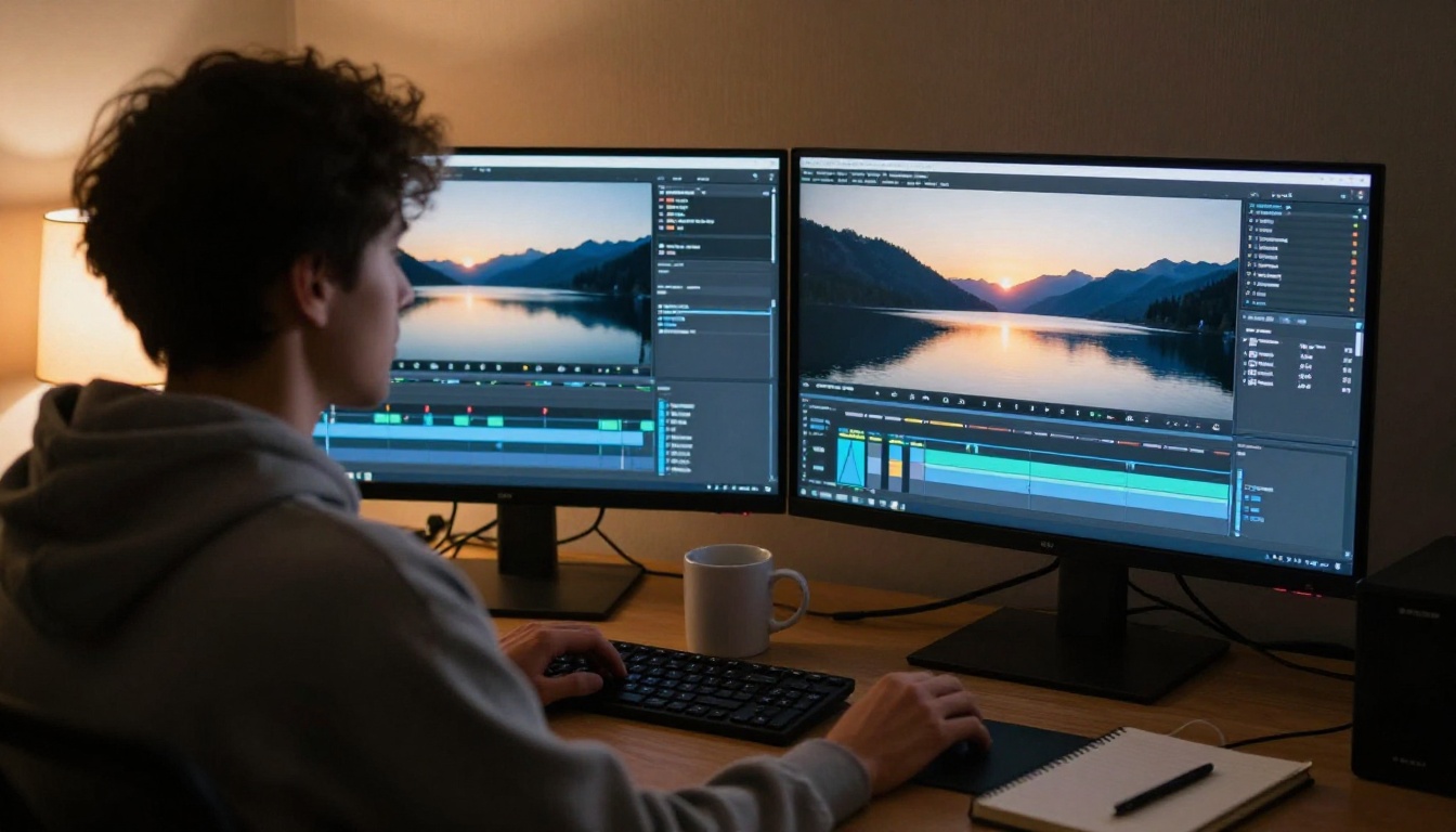 A video editor in a dim suite with two monitors showing a mountain lake at sunrise