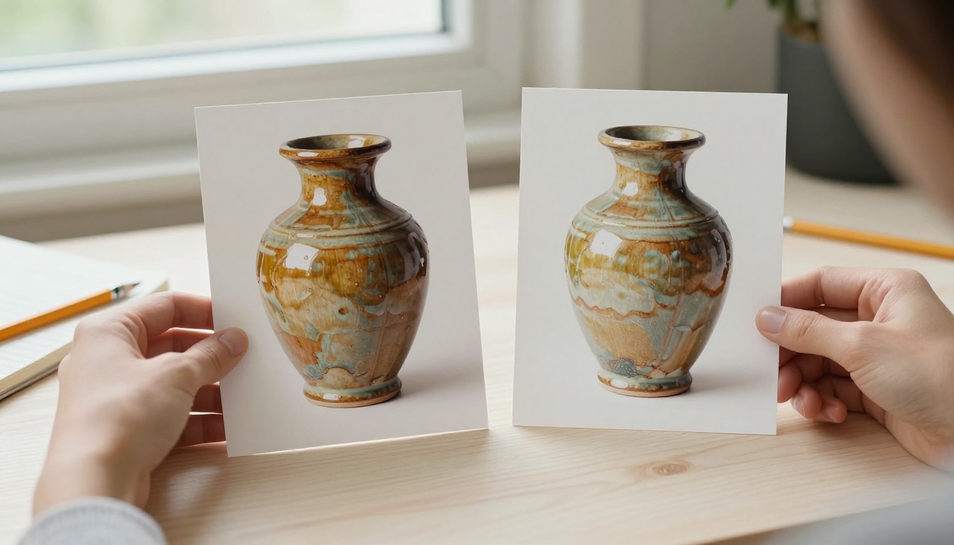 Two glossy photographic prints of the same ceramic vase held side by side, one sharper than the other