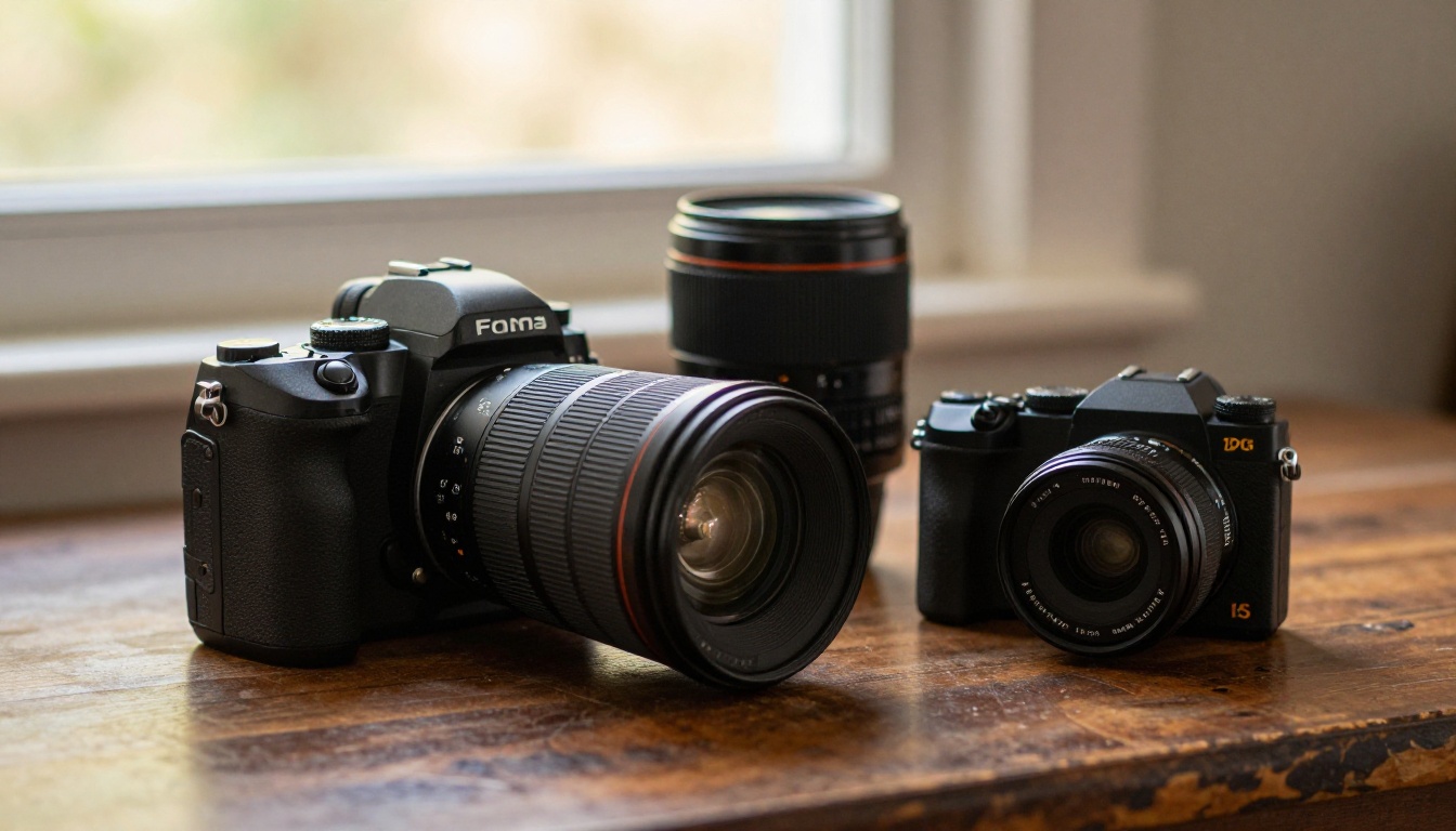 Low angle view of a professional full frame camera standing next to a compact mirrorless camera on a walnut table