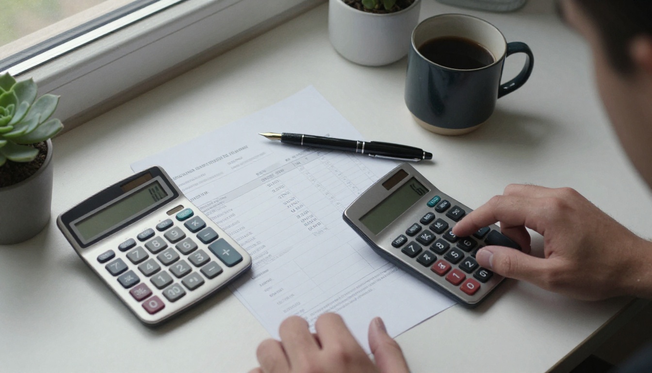 Overhead flat lay of a desk with a silver calculator, invoices, a pen, and a coffee mug