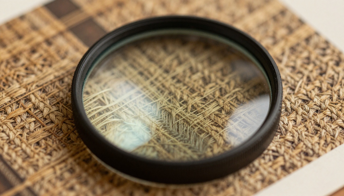 Extreme close up of a jeweler's loupe resting on a large format print of woven textile fibers