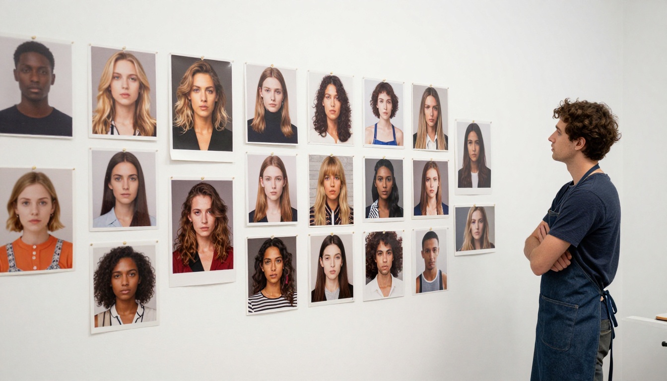 A designer stepping back from a wall of pinned photographic reference prints arranged as a mood board
