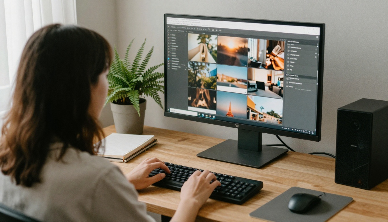 A woman typing a long prompt at a standing desk with a large monitor showing a blurred photo gallery