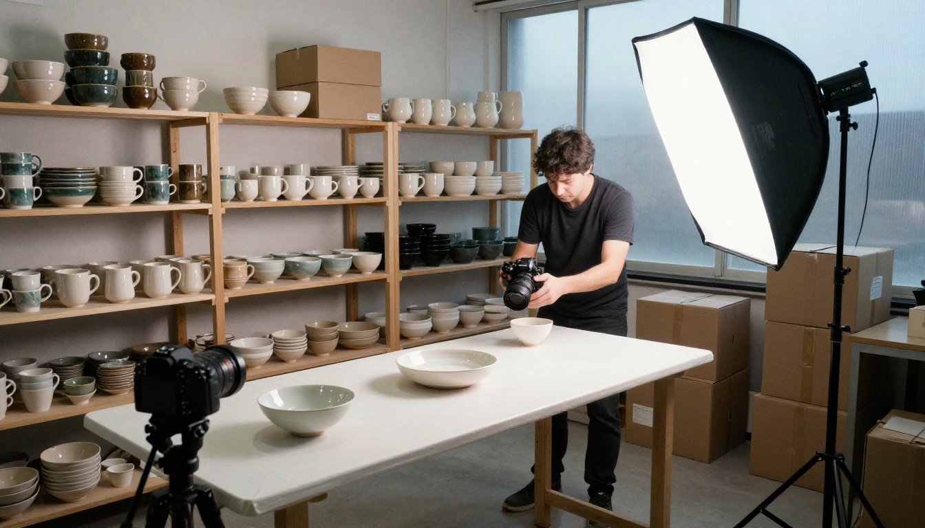 A small product photography studio with shelves of ceramic mugs and a photographer adjusting a softbox