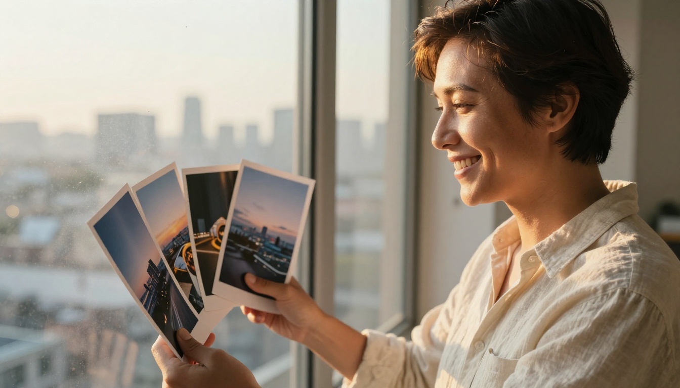 A smiling creative director holding three fresh photographic prints up to a sunrise window