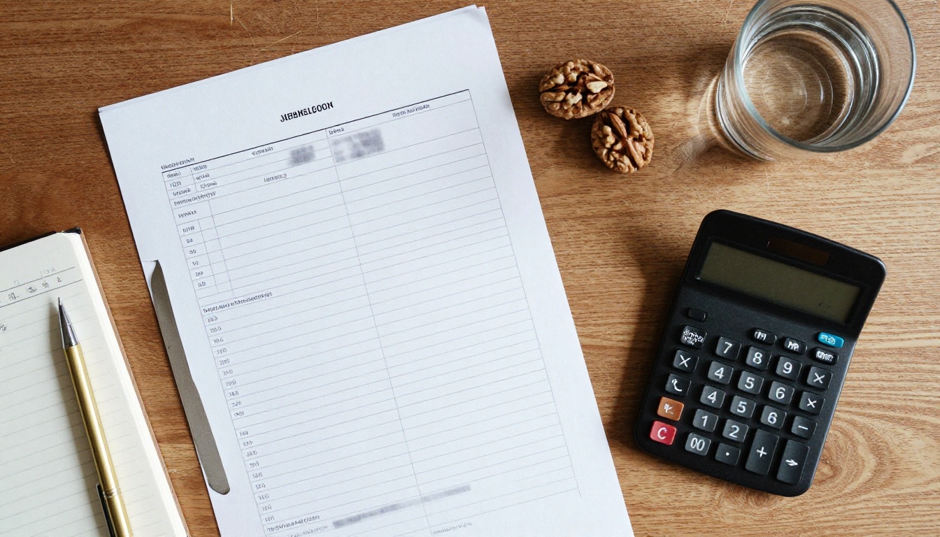 Top-down flat lay of invoices, a calculator and a notebook on a walnut desk