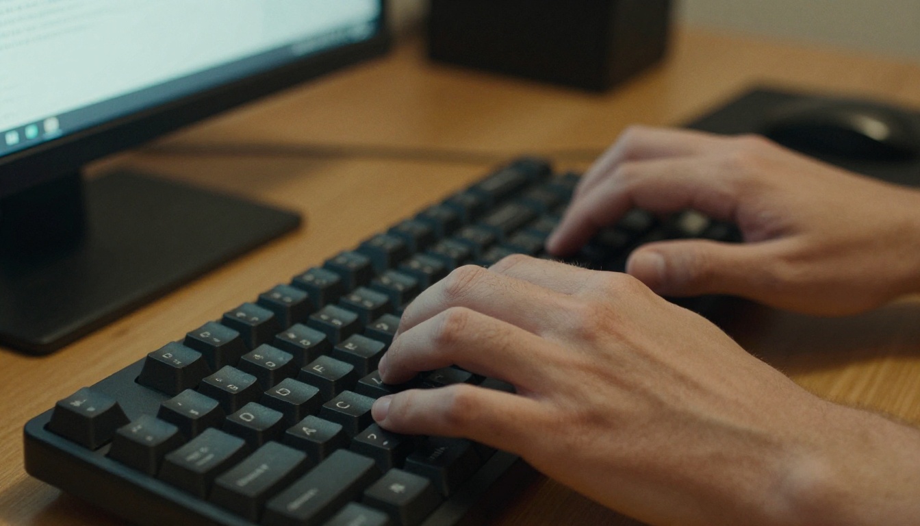 Low-angle close-up of a developer's hands on a mechanical keyboard