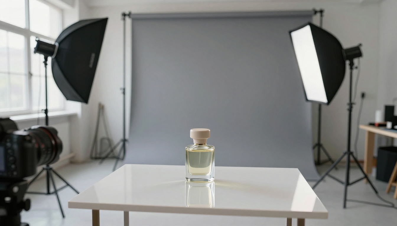 A photographer adjusting a softbox beside a perfume bottle in a small product studio