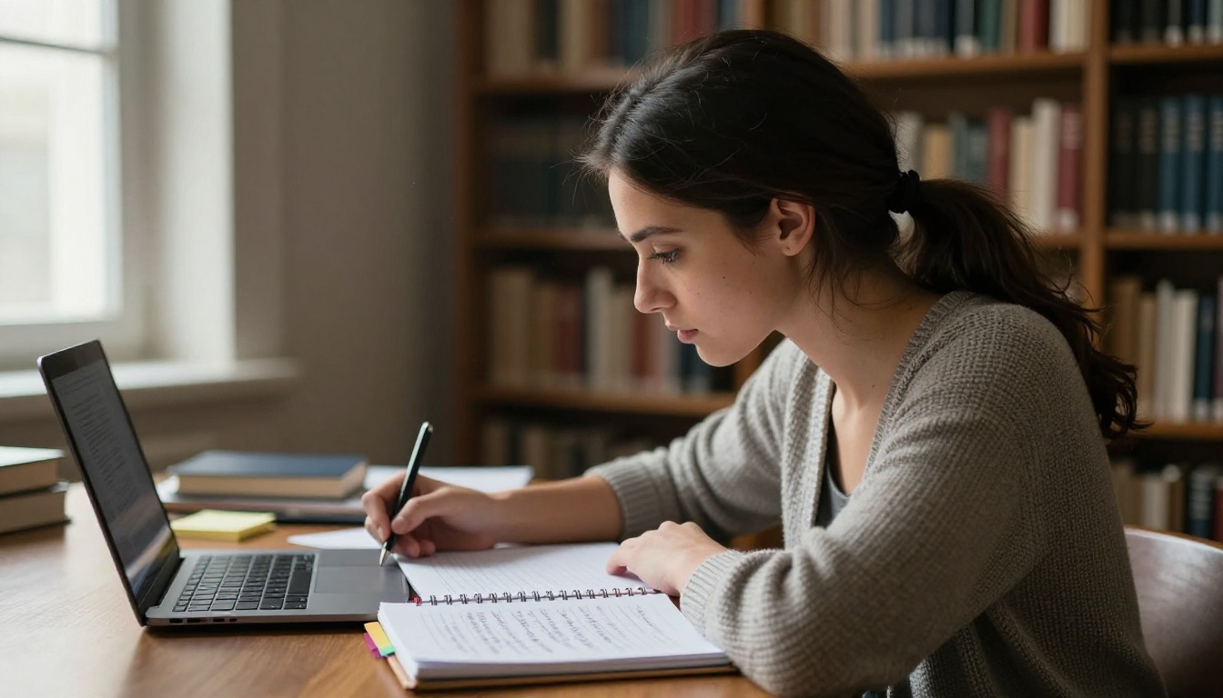 A young woman studying with a laptop and notebook at a long oak library table