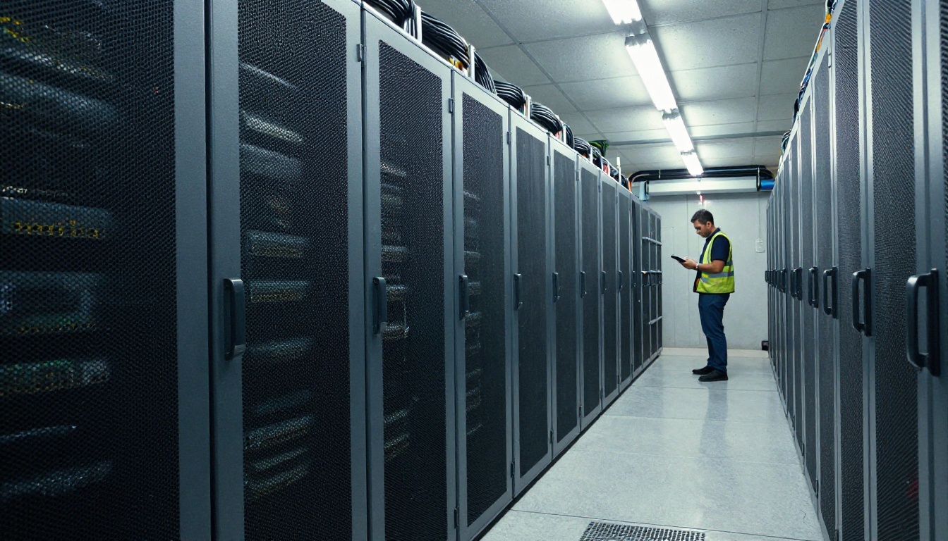 Eye-level view down a data center aisle lined with gray server racks