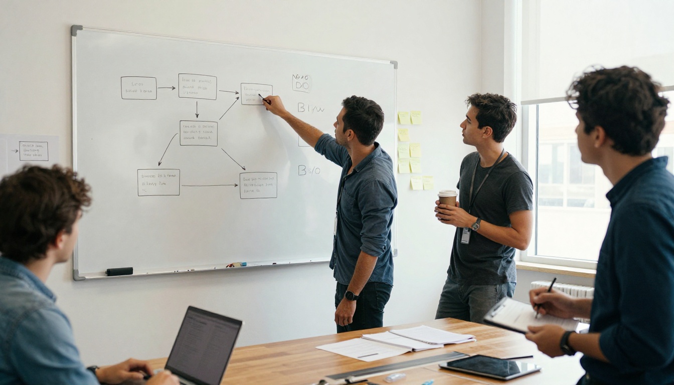 Three colleagues around a whiteboard planning a project budget