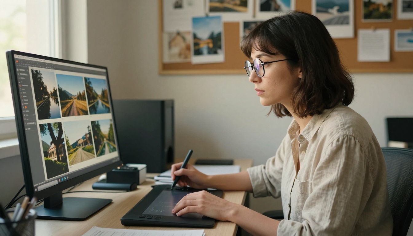 A graphic designer reviewing a grid of landscape photographs on a wide monitor