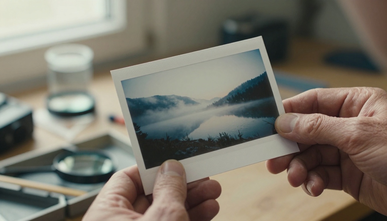 Weathered hands holding a freshly printed photograph of a misty mountain lake