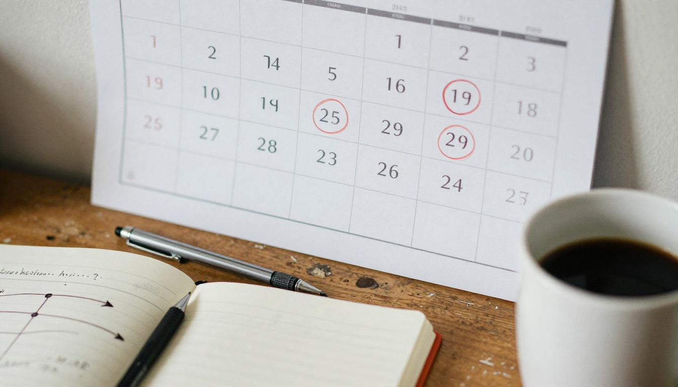 A wall calendar with circled dates above a wooden desk with a timeline notebook and coffee