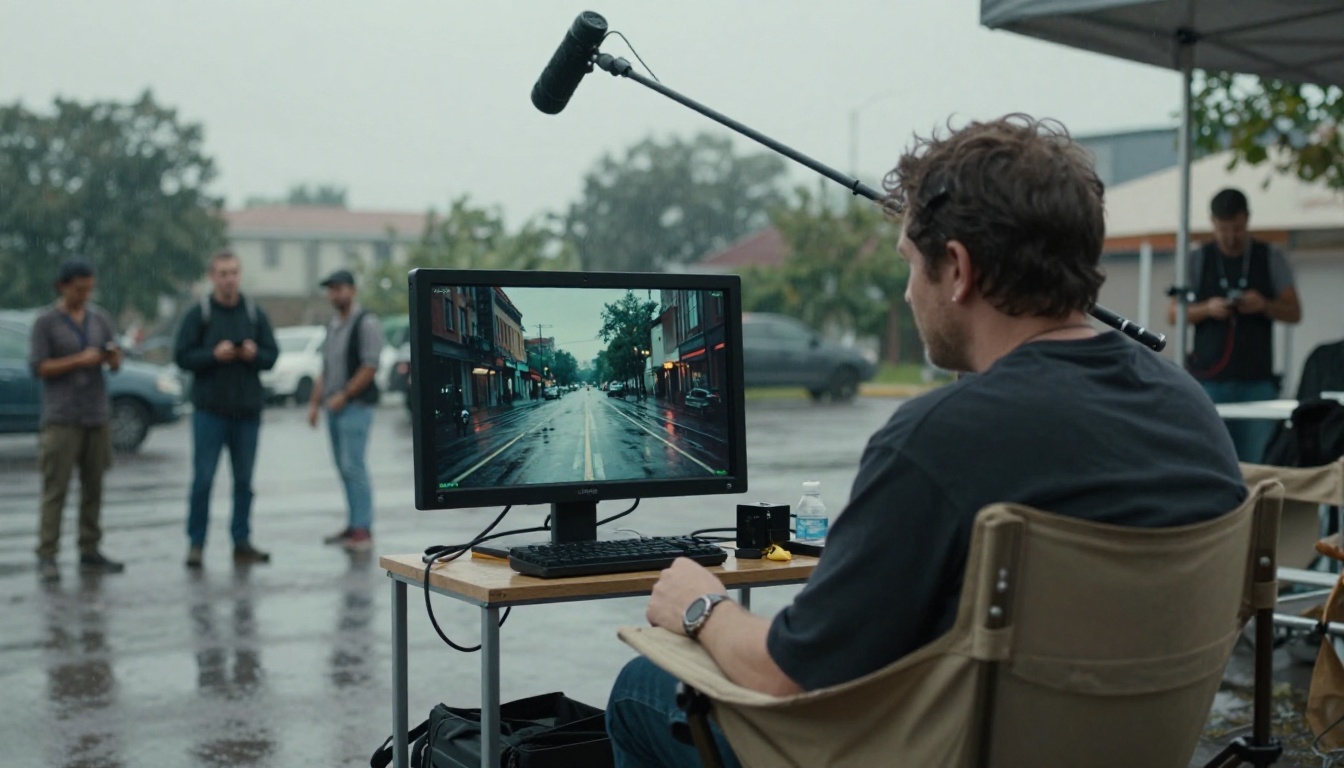 A director watching a field monitor on a rainy film set with a boom microphone overhead