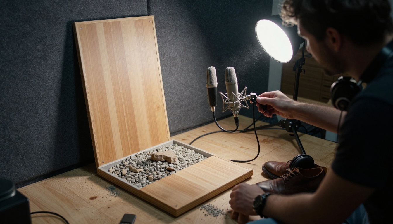 A sound engineer positioning a microphone over a tray of gravel in a small foley studio