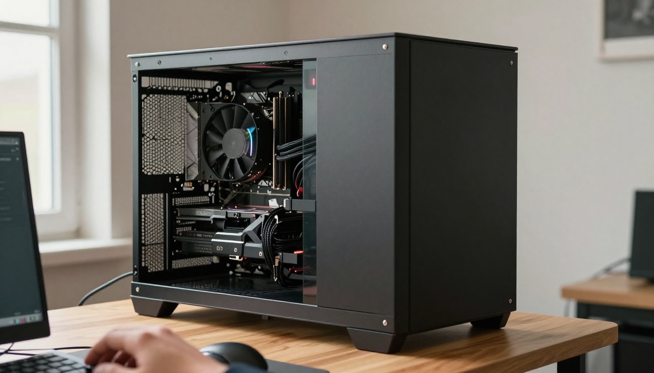 A tower workstation with a large graphics card on a wooden desk in a tidy home office