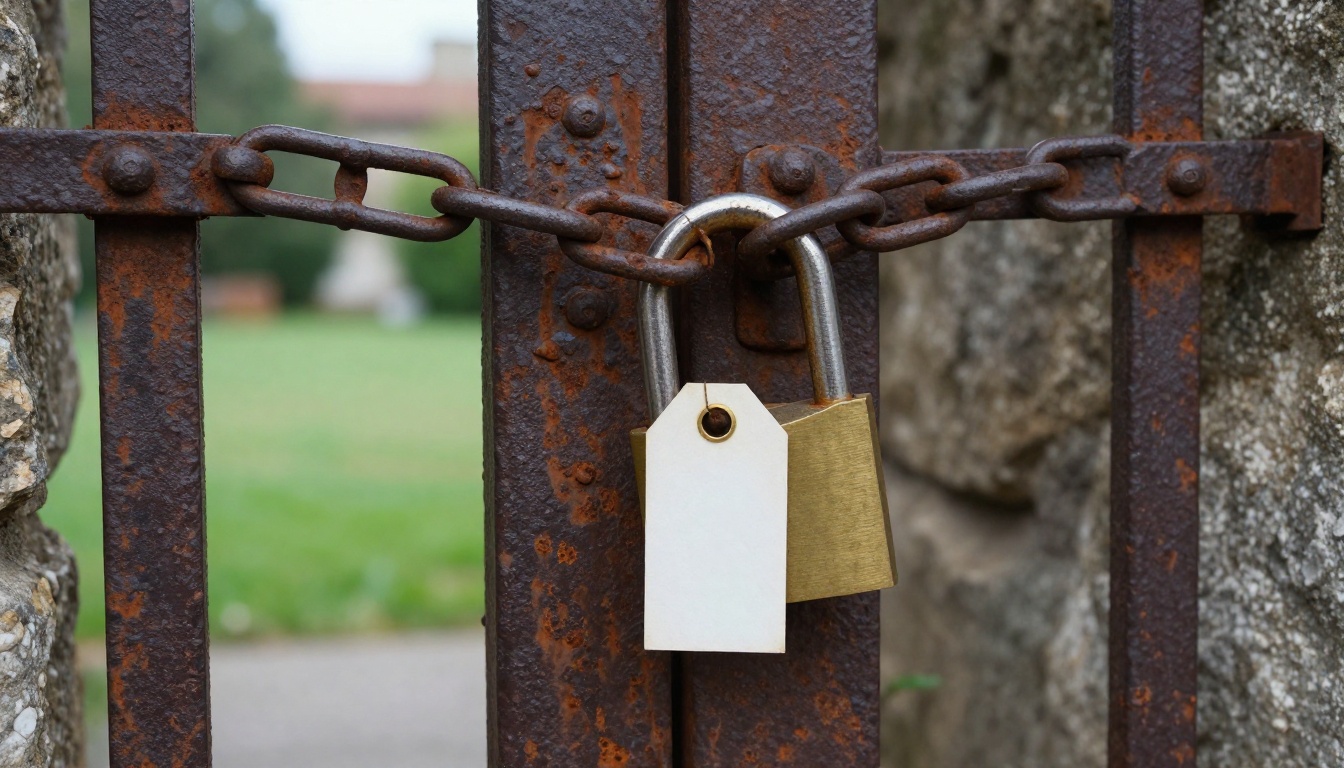A heavy brass padlock on a chained iron gate, a metaphor for the missing official Midjourney API