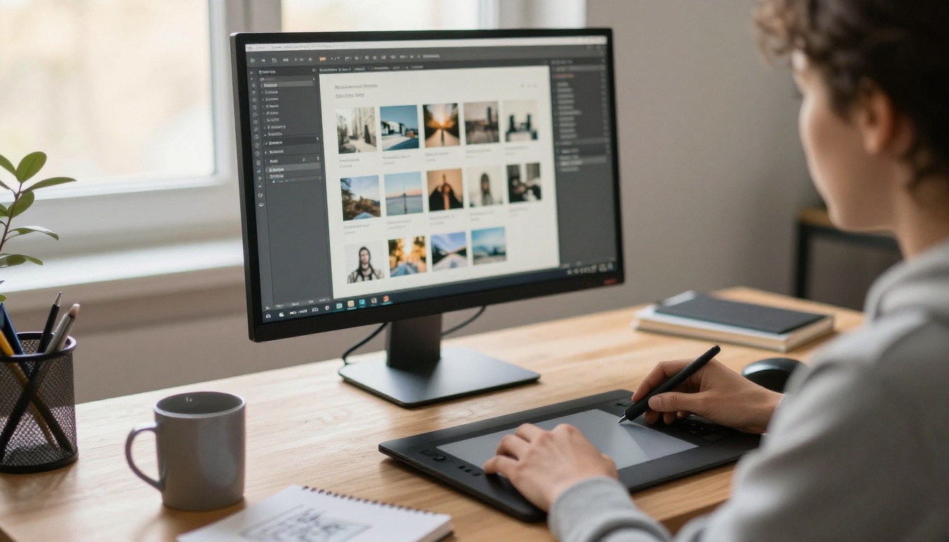 A designer working at a wooden desk with a monitor showing a blurred grid of photo thumbnails