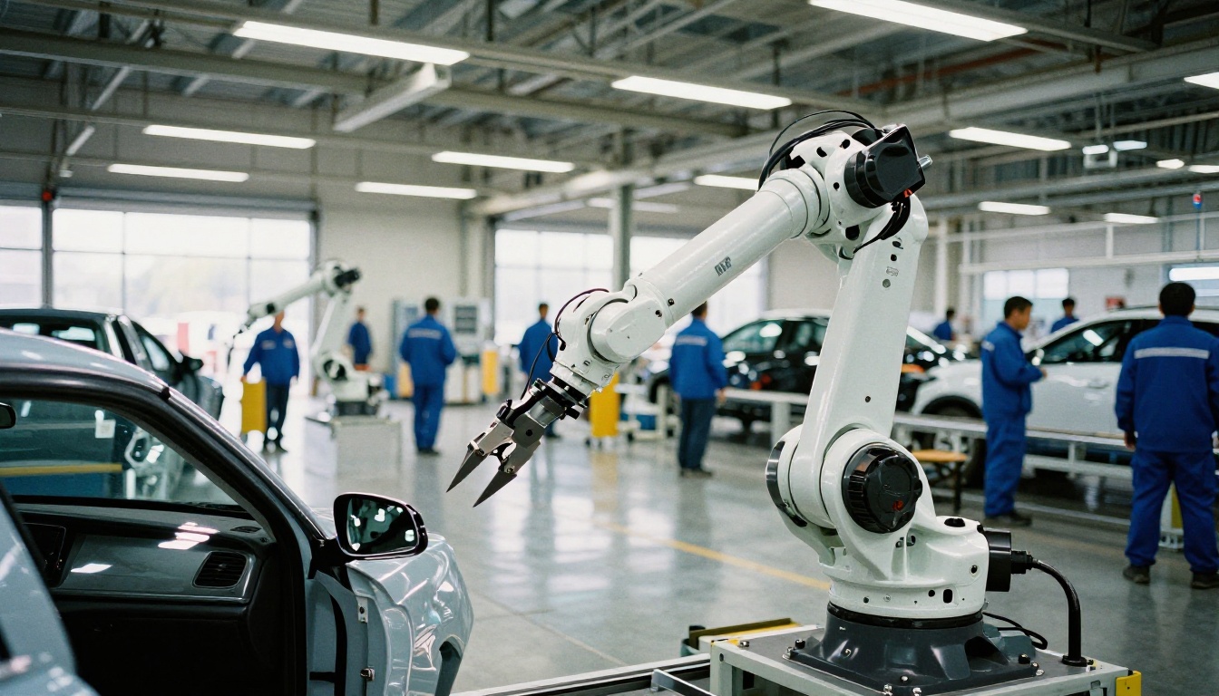 A white industrial robot arm reaching toward a car door panel in an assembly hall