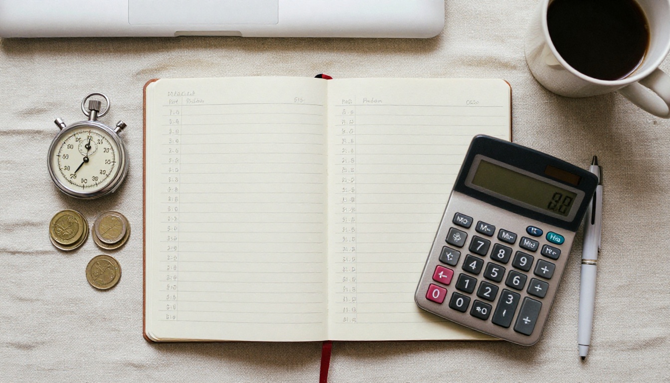 Overhead view of a desk with a notebook of figures, a calculator and a stopwatch