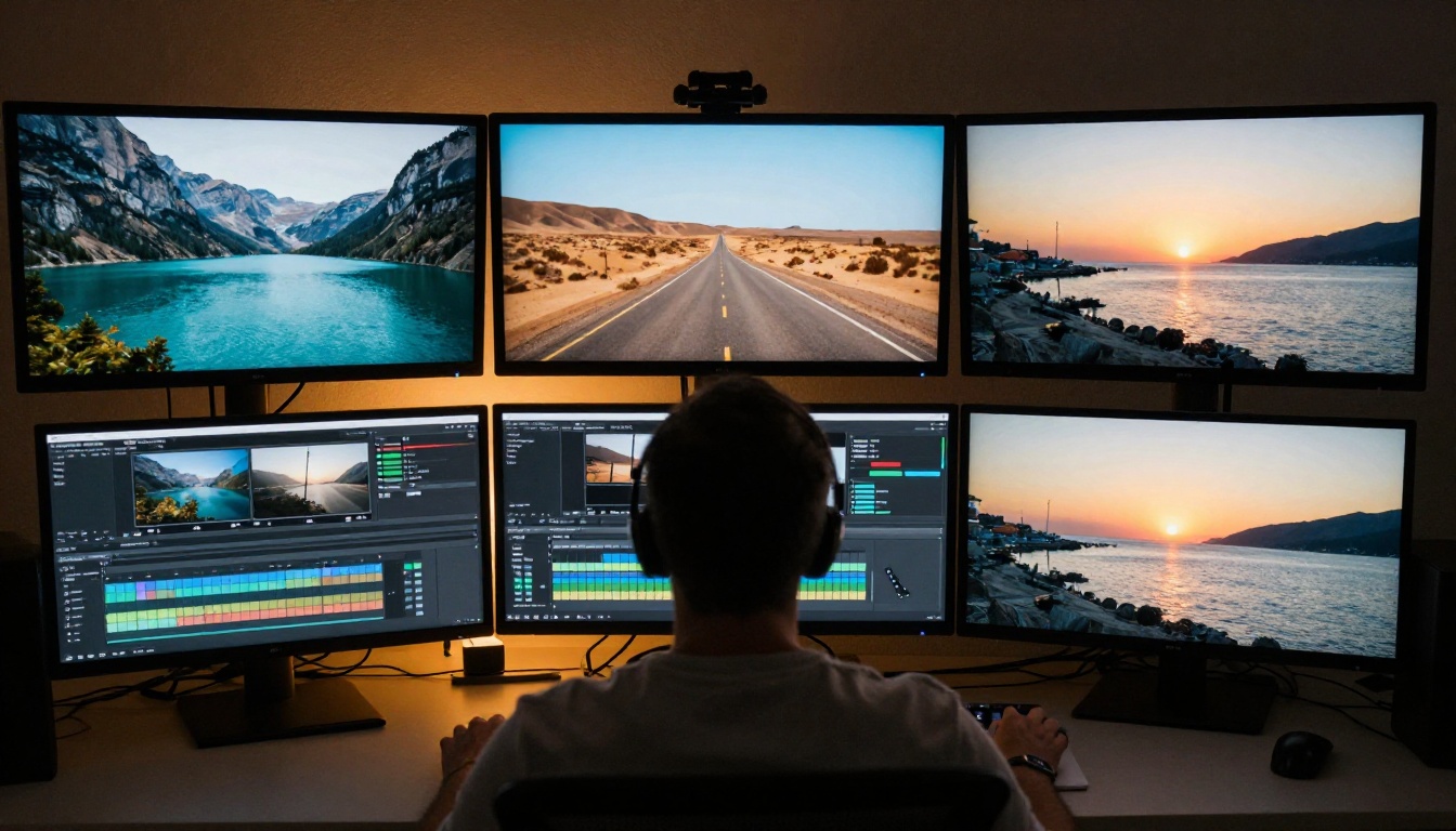 A video editor at three monitors comparing paused cinematic frames of a lake, a road and a harbor