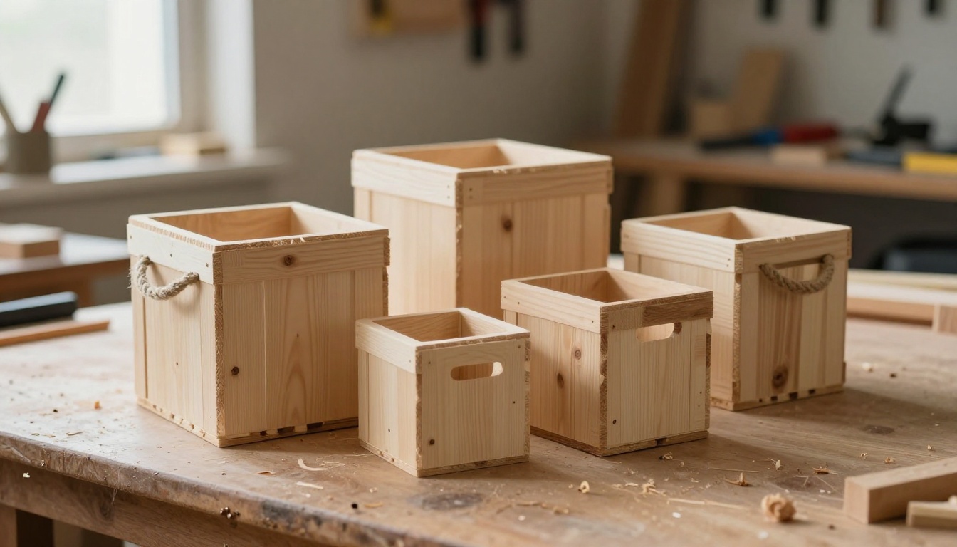 Four wooden crates in graduated sizes lined up on a workbench in a sunlit workshop