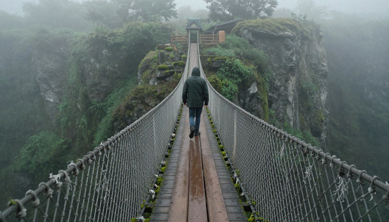A lone hiker crossing an old rope bridge above a misty gorge, a picture of the risk in unofficial access