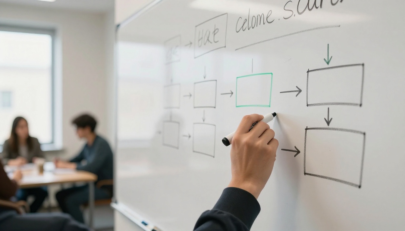 A hand drawing boxes and arrows on a whiteboard during a team planning session