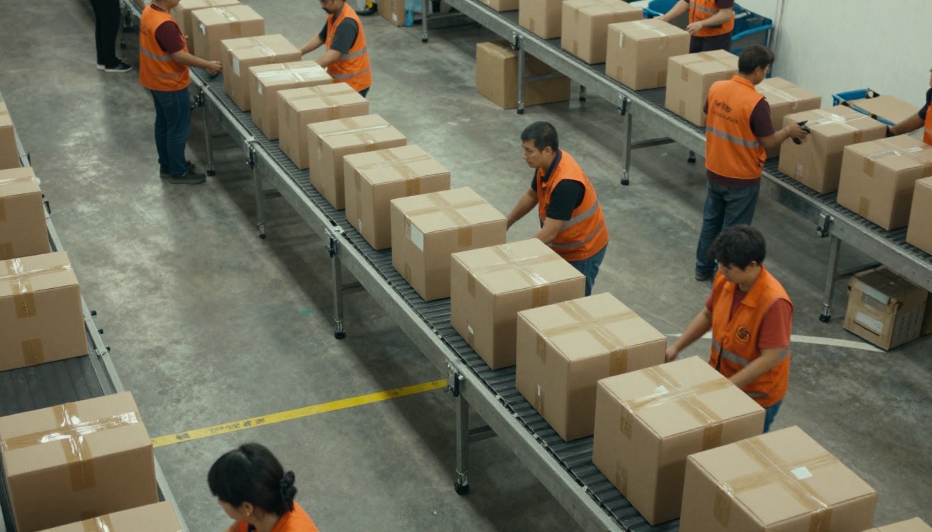An aerial view of cardboard boxes riding a conveyor belt in a parcel sorting hall