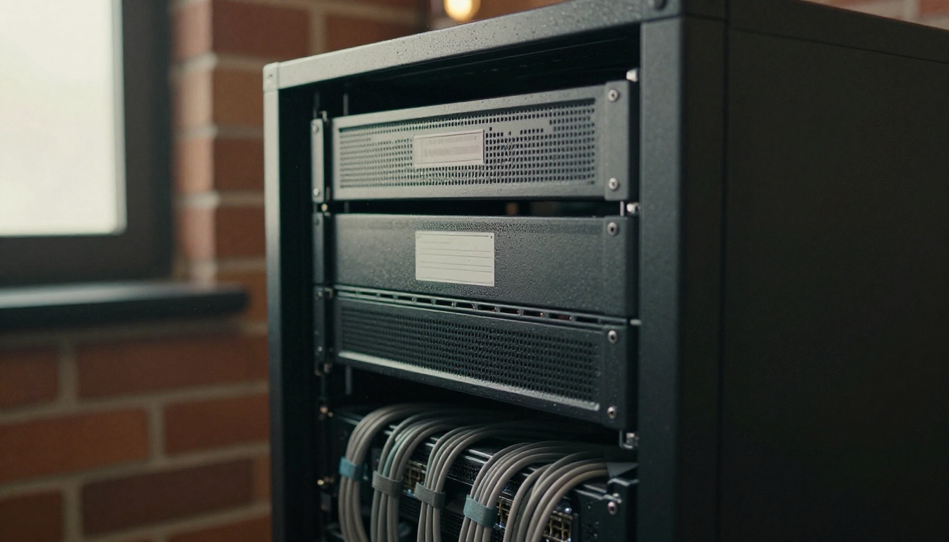 A compact server rack with neat bundles of network cables in a brick-walled closet