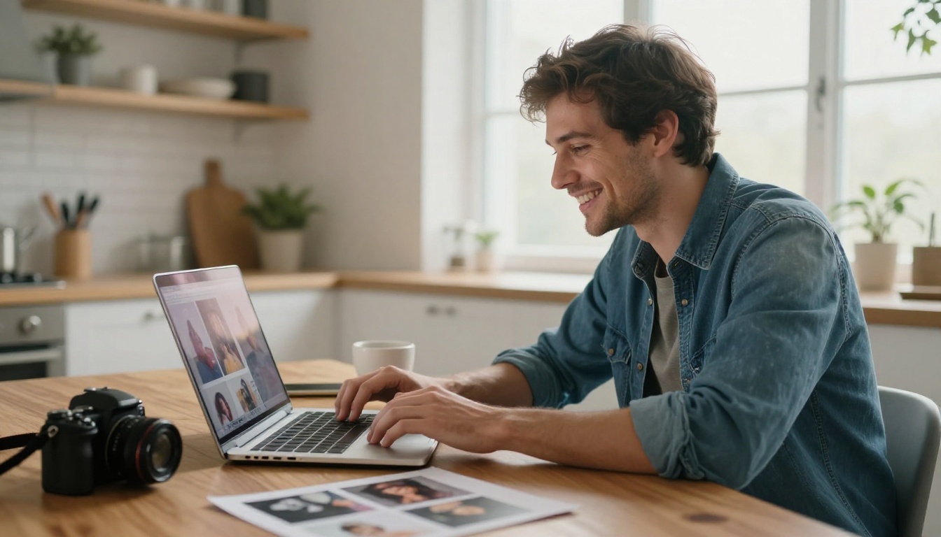 A smiling young man at a kitchen table trying image generation on a laptop with printed photos beside him