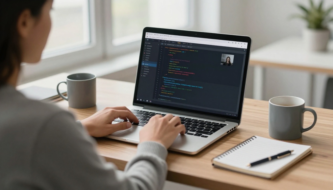 Developer typing at a standing desk with a laptop showing a code editor and a small photo preview